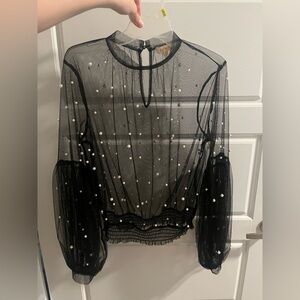 Chic Sheer Black Blouse with Pearl Details